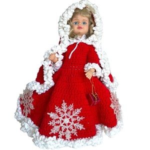 Christmas Blonde blue eyes Doll crocheted dress, cape, double skirt, 15.5”